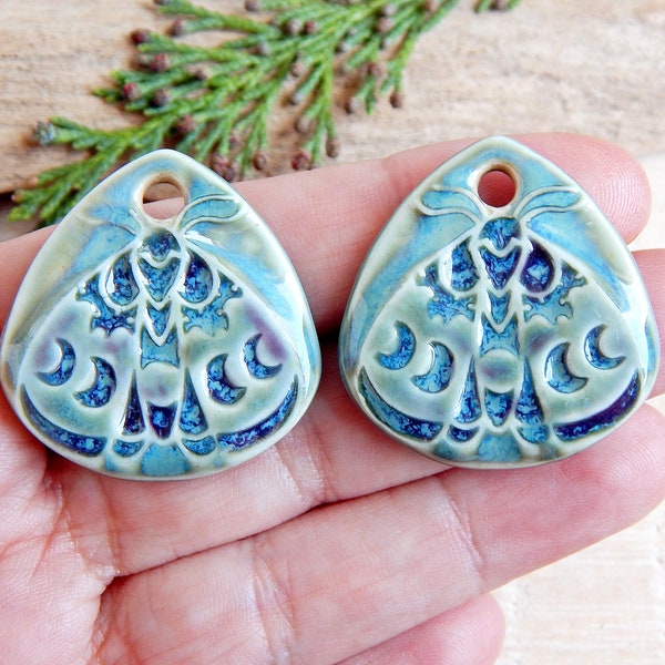 Moon moth charms for jewelry making, Artisan ceramic charms for earrings, 2 pcs lunar phase pendants of porcelain, Handmade bug components
