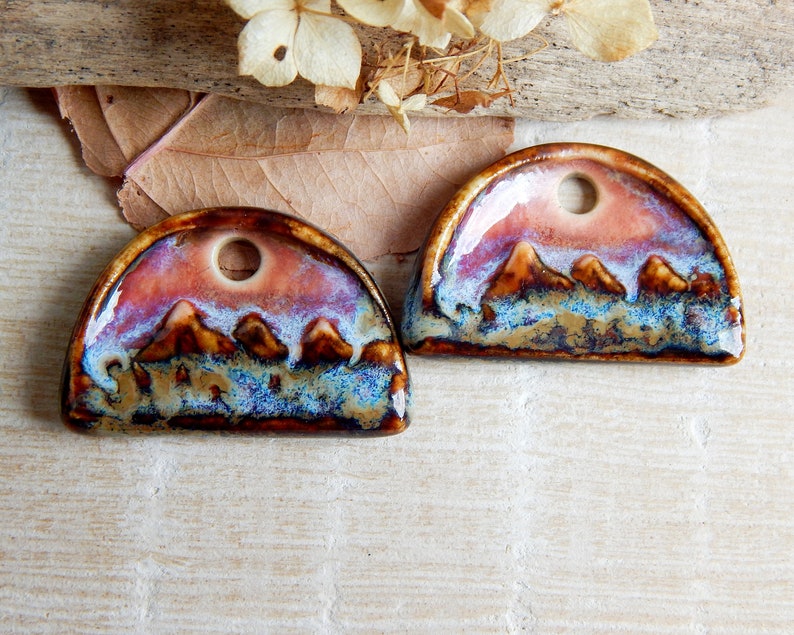 Landscape earring charms of ceramic, Artisan mountains components for making jewelry, Handcrafted nature findings, Dangle beads image 2