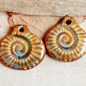 Earthy ceramic charms, rustic dangle components for necklace, 2 pcs spiral pendants, artisan earring findings, nature porcelain beads