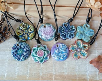 Bright flower pendant necklace of ceramic, Artisan botanical jewelry necklace of porcelain