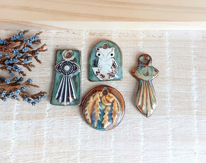 Set of Ceramic Pendants, 4 Artisan Pendants of Porcelain, Boho Necklace ...