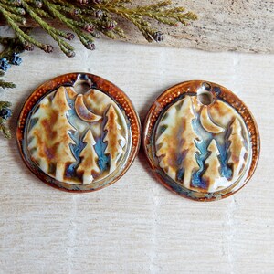 Woodland ceramic earring charms, Handmade pine tree components for jewelry making, Pair artisan dangle rustic pendant, Earthy porcelain bead