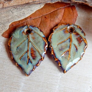 Pair brown ceramic leaves charms to make earrings, Handmade forest pendants for necklace, Artisan autumn components, Leaf jewelry findings image 5