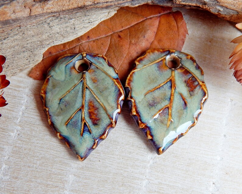 Pair brown ceramic leaves charms to make earrings, Handmade forest pendants for necklace, Artisan autumn components, Leaf jewelry findings image 5