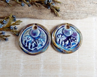 Wildflowers artisan charms, 2pcs Handmade round ceramic pendants, Nature findings for making jewelry, Floral dangle art beads