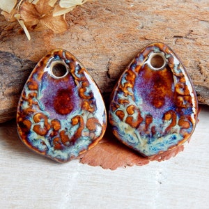 Drop ceramic earring charms, 2 pcs Boho dangle finding for Jewelry maker, Artisan rustic textured connector 1 hole, Unique handmade supplies