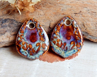 Drop ceramic earring charms, 2 pcs Boho dangle finding for Jewelry maker, Artisan rustic textured connector 1 hole, Unique handmade supplies