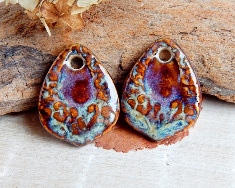 Drop ceramic earring charms, 2 pcs Boho dangle finding for Jewelry maker, Artisan rustic textured connector 1 hole, Unique handmade supplies image 1