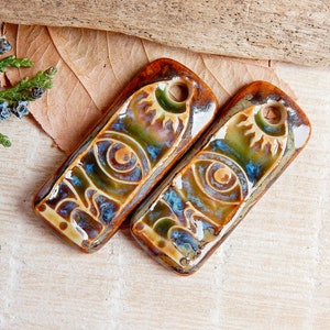 Artisan eye bar charms, Sun landscape ceramic pendants, Earthy rectangle findings for making jewelry, Pair handcrafted long porcelain charms