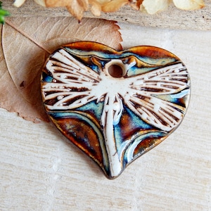 1 Woodland ceramic charm, Artisan heart pendant for making necklace, Nature boho jewelry findings, Rustic dragonfly earring charm
