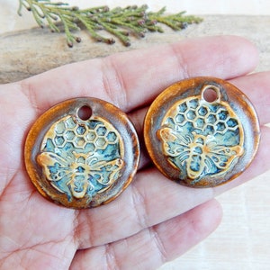 Pair bee round charms for earring making, Honeycomb artisan ceramic jewelry components, Boho rustic findings, Handmade honey bee pendants image 3