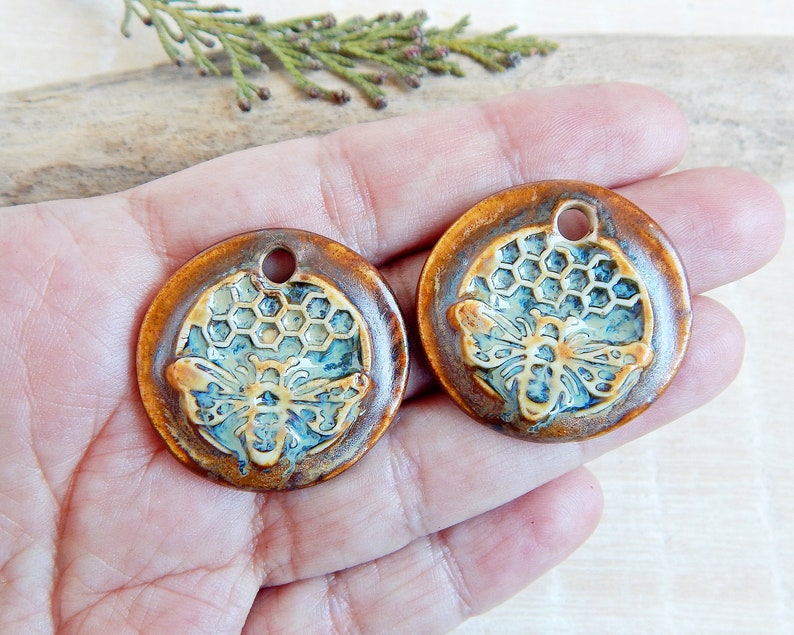 Pair bee round charms for earring making, Honeycomb artisan ceramic jewelry components, Boho rustic findings, Handmade honey bee pendants image 3