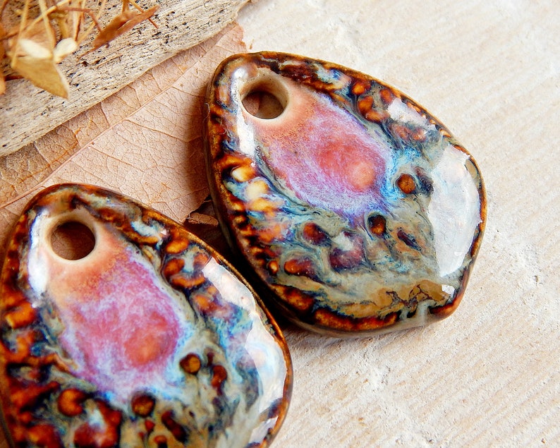 Drop ceramic earring charms, earthy pendants to jewelry making, boho artisan findings, large pottery beads of boho style, handcrafted charms image 2