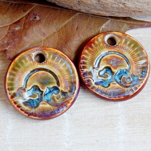 Clouds round earring charms, Pair boho ceramic charms, Artisan circle sun components, Handmade unique findings for making jewelry image 3