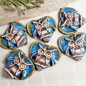 Heart owl ceramic charm, 1pc Artisan boho pendant for making necklace, Handmade rustic jewelry findings, Forest animal pendant porcelain