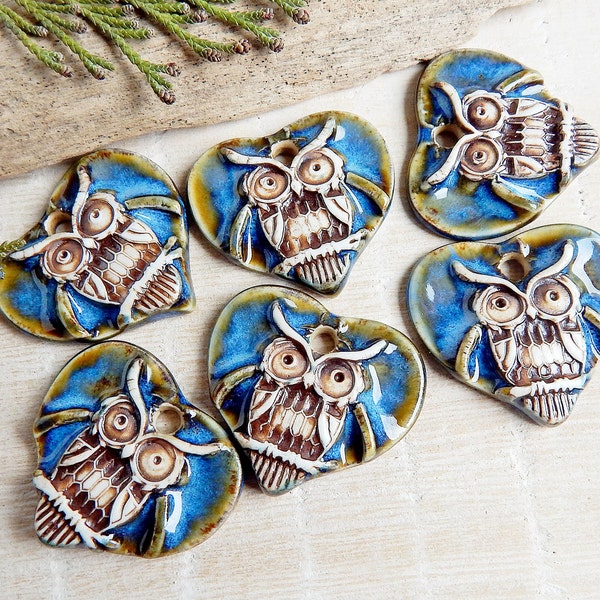 Heart owl ceramic charm, 1pc Artisan boho pendant for making necklace, Handmade rustic jewelry findings, Forest animal pendant porcelain