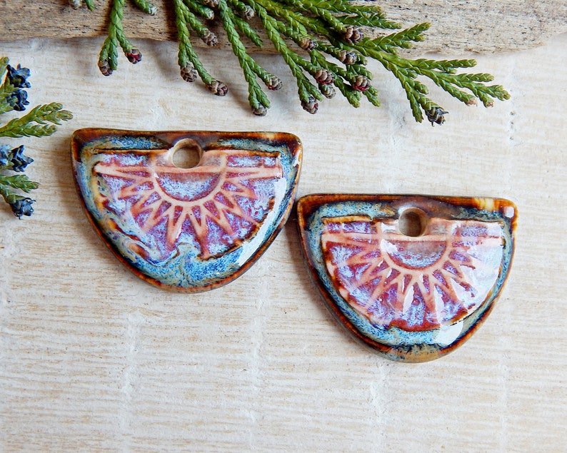 Pair boho components for making earrings, Artisan jewelry charms of ceramic, Handmade dangle findings, Handcrafted rustic pendants porcelain image 5