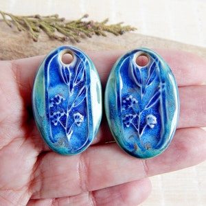 Floral earring charms of ceramic, 2 pcs Blue boho artisan findings, Handcrafted long nature necklace pendants, Unique porcelain beads