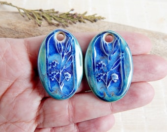 Floral earring charms of ceramic, 2 pcs Blue boho artisan findings, Handcrafted long nature necklace pendants, Unique porcelain beads