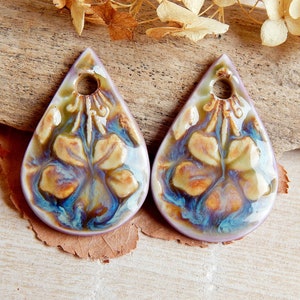 Bohemian drop earring charms, flowered ceramic pendants, boho charms, artisan ceramic findings