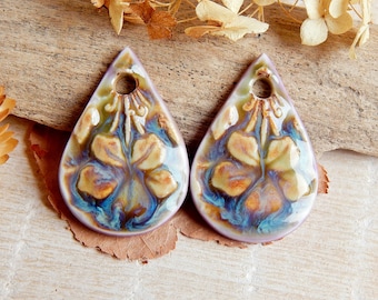 Bohemian drop earring charms, flowered ceramic pendants, boho charms, artisan ceramic findings