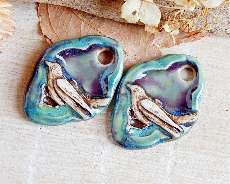 Handmade bird DIY earring charms, Artisan ceramic pendants for jewelry making, 2pcs Handcrafted boho earring findings, Nature animals charms image 6