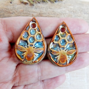 Artisan bee drop charms of ceramic, 2pcs Honeycomb porcelain earring pendants, Nature boho components for making jewelry, Unique art beads