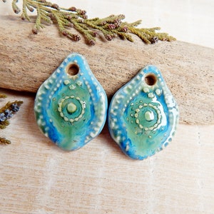 Blue boho earring charms of ceramic, Drop artisan jewelry findings, 2 pcs porcelain components to make necklace, Handmade ceramic beads