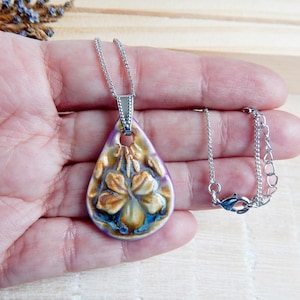 Drop floral pendant necklace of ceramic, Pink flower necklace of porcelain, Artisan nature inspired jewelry for gift