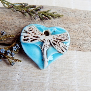 Dragonfly ceramic big charm for DIY necklace, 1 Artisan heart pendant making jewelry, Nature blue boho jewelry findings