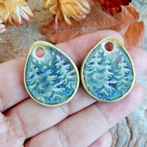 Handmade winter charms of ceramic, Pine tree artisan components for making jewelry, Snow artisan drop findings, Boho supplies, Ceramic beads