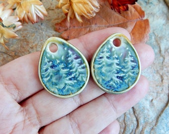 Handmade winter charms of ceramic, Pine tree artisan components for making jewelry, Snow artisan drop findings, Boho supplies, Ceramic beads