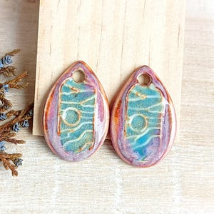 Organic drop bright charms, Pair boho summer ceramic pendants, Artisan pink findings to make earrings, Handmade unique jewelry components