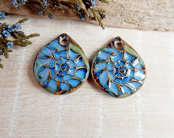 Artisan drop Ammonite charms, Handmade pair ceramic boho findings, Handcrafted unique organic pendant, Porcelain DIY jewelry charms