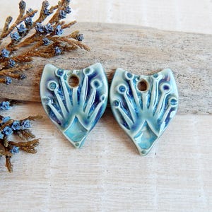 Artisan boho blue charms, 2pcs Handmade ceramic pendants for making earrings, Porcelain petal shape findings to make jewelry, Art beads