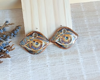 Seeing eye ceramic charms for making earrings, 2pcs Rustic artisan porcelain components