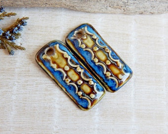 Artisan rectangular earring charms, 2 pcs Boho ceramic pendants for jewelry making, Handmade unique rustic findings, Porcelain art beads