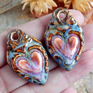 Handmade heart charms, Artisan ceramic charms for jewelry making, Handcrafted boho earring findings, Unique porcelain charms, Ceramic beads