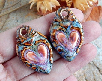 Handmade heart charms, Artisan ceramic charms for jewelry making, Handcrafted boho earring findings, Unique porcelain charms, Ceramic beads