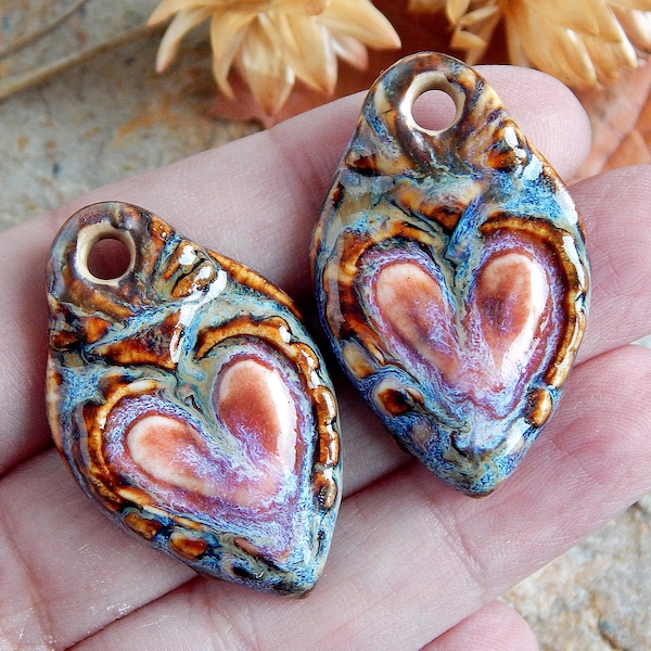 Handmade heart charms, Artisan ceramic charms for jewelry making, Handcrafted boho earring findings, Unique porcelain charms, Ceramic beads