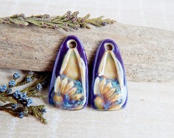 Long Drop Artisan Ceramic Charms, Pair floral purple earring findings, Unique boho components, Handmade porcelain focal beads