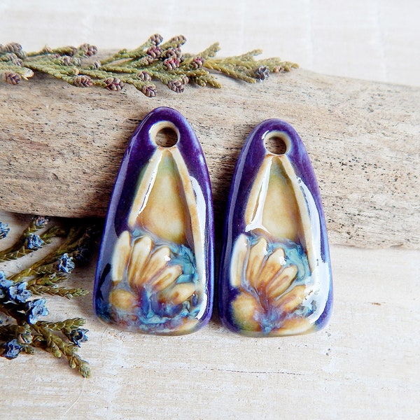 Long Drop Artisan Ceramic Charms, Pair floral purple earring findings, Unique boho components, Handmade porcelain focal beads