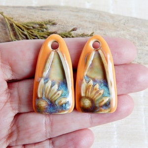 Orange Floral Artisan Ceramic Charms, 2pcs Handcrafted boho long earring findings, Handmade unique porcelain components for making jewelry image 4