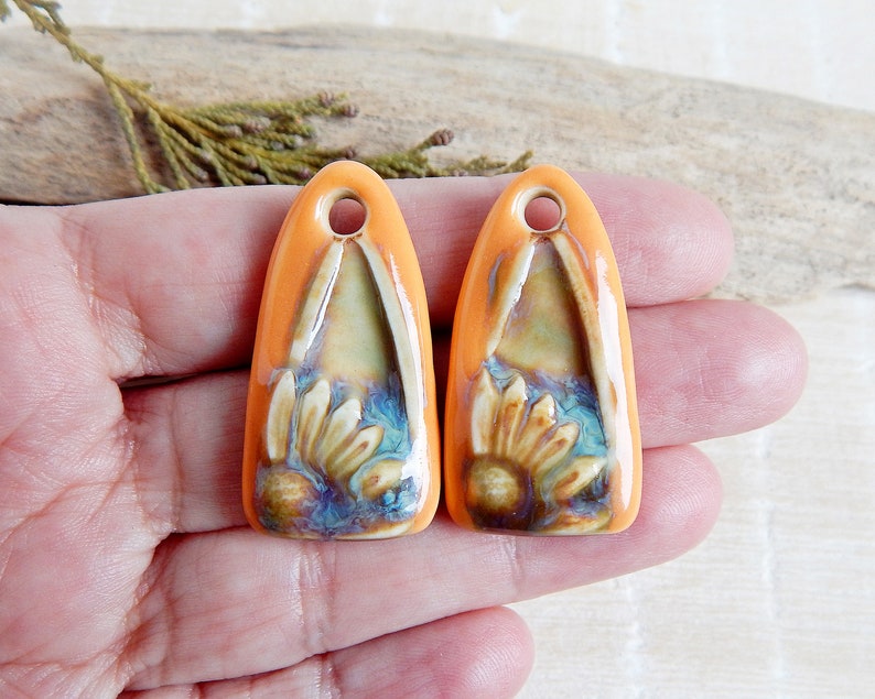 Orange Floral Artisan Ceramic Charms, 2pcs Handcrafted boho long earring findings, Handmade unique porcelain components for making jewelry image 4