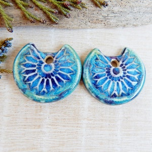 Ceramic boho earring findings, Large artisan charms, Dangle blue components, Handcrafted rustic jewelry supplies, Pair porcelain pendants