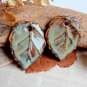 Pair brown ceramic leaves charms to make earrings, Handmade forest pendants for necklace, Artisan autumn components, Leaf jewelry findings