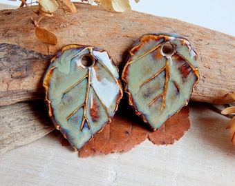 Pair brown ceramic leaves charms to make earrings, Handmade forest pendants for necklace, Artisan autumn components, Leaf jewelry findings