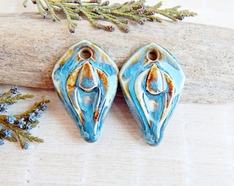 Artisan blue earring charms of ceramic, Drop rustic earring findings, 2 pcs handmade boho pendants to make earrings, Porcelain dangle beads