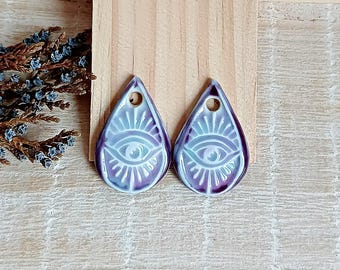 Purple drop shaped evil eye charms, 2pcs All Seeing Eye ceramic components, Porcelain beads