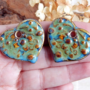 Handmade ceramic charms for earrings heart, earthy ceramic beads, artisan dangle charms, art beads, unique jewelry making supplies